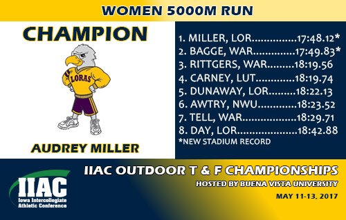 IIAC_Track's tweet photo. @LorasAthletics Audrey Miller edges Ashlyn Bagge (WAR) to win 5,000m run. Both runners break previous stadium record by over 4 seconds. https://t.co/dHROqomggP