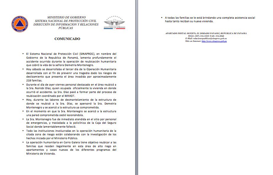 Comumicado Oficial del Gobierno Nacional  sobre el accidente en  Cerro Galeras <a href="/Sinaproc_Panama/">SINAPROC PANAMA</a>