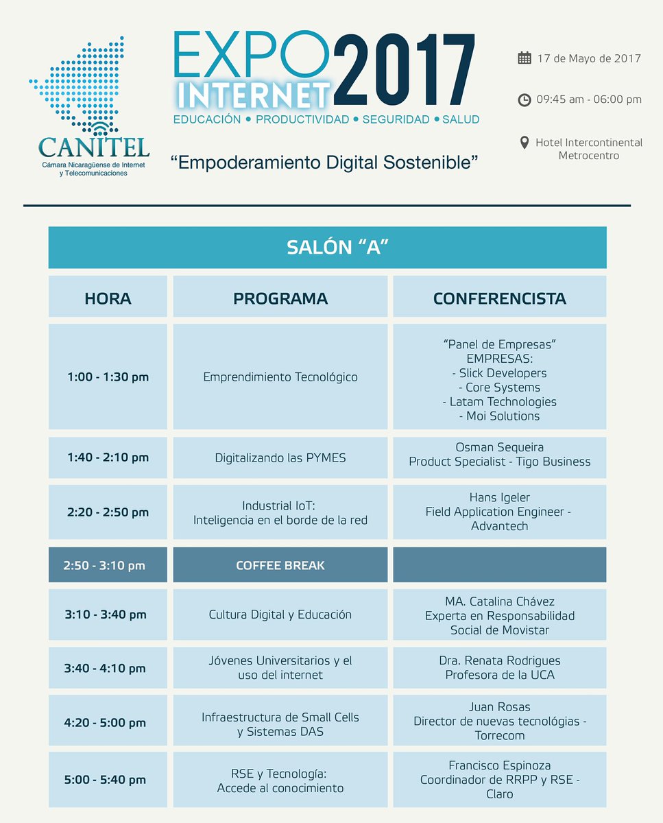 canitel2016's tweet image. Estos son los temas que se estarán presentando a lo largo de la Expo Internet 2017. Nos vemos este 17 de Mayo #Expo #Internet