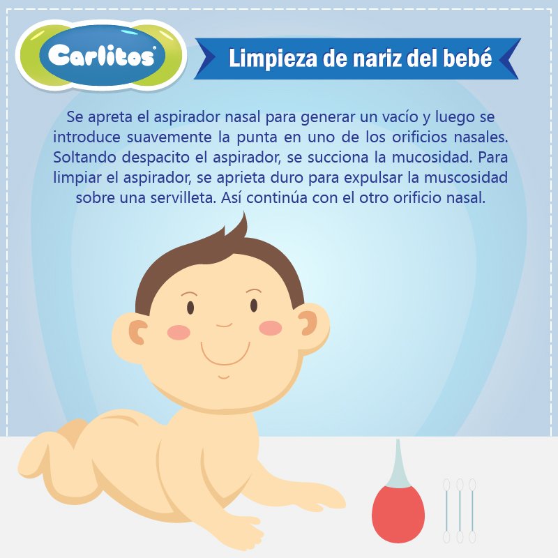 Para aspirar su nariz, se debe acostar al bebé boca arriba, girando su cabeza hacia un lado y manteniéndola sujetada con cuidado. #Carlitos