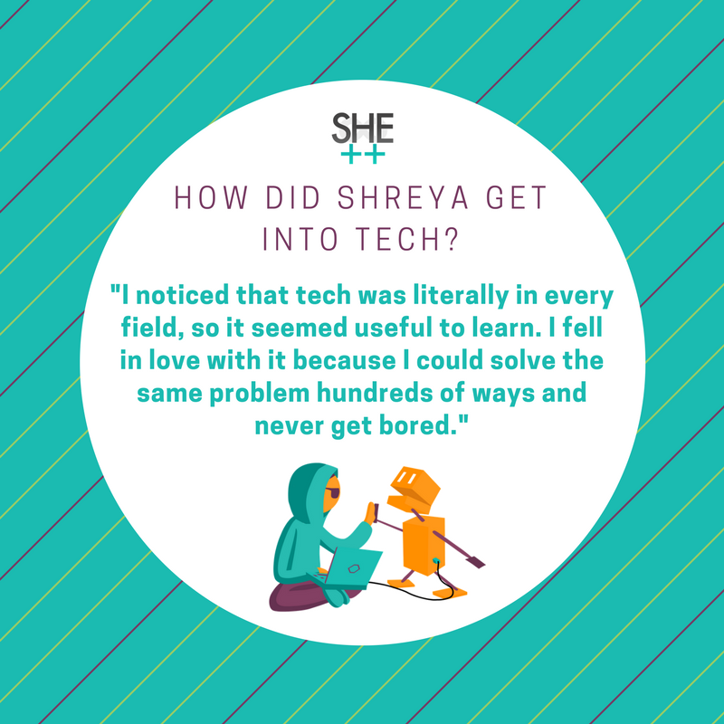 sheplusplus's tweet image. We're asking she++ team members how they got into tech! Here's Shreya's story #stanford #questionoftheweek #sheplusplus