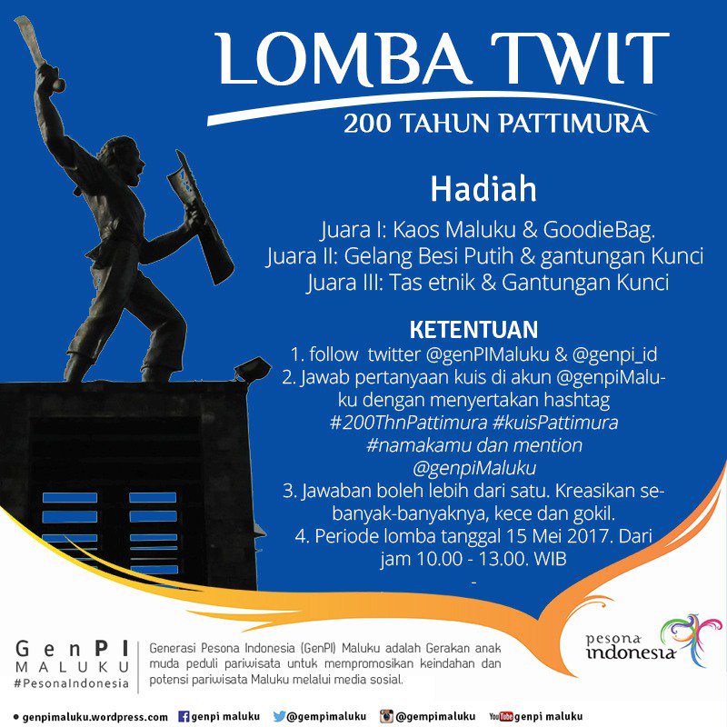 Tweeps akan ada kuis dengan hadiah menarik loh, baca aturannya yah.. ntar mimin jabarin rulenya yah.. #GenPIMaluku #200thnPattimura