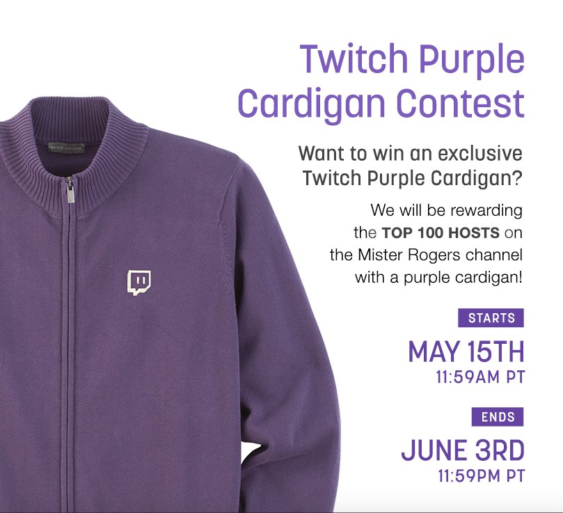 Twitch's tweet photo. Want your very own Twitch Cardigan?

Host our #MrRogers marathon (starting May 15th) for a chance to win! Rules: https://t.co/Au7h5gAX0i https://t.co/gUraiHpgHD