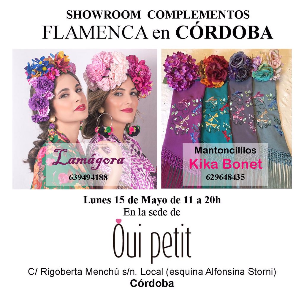 Mañana tenemos showroom en Córdoba!! En la sede de <a href="/Ouipetit/">Oui petit</a> con los complementos de <a href="/Lamagora/">Lamágora</a> #Feria #Flamenca