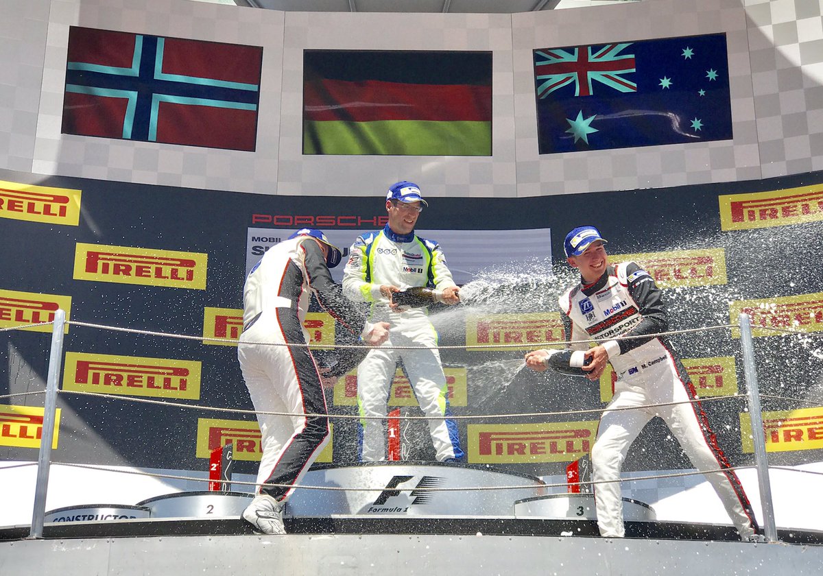 PorscheRaces's tweet photo. Your podium of round 2 #PMSCbar - 1. M. Ammermueller 2. @Olsen_Dennis 3. @mattcampbell22_ https://t.co/tqKqzVl2or
