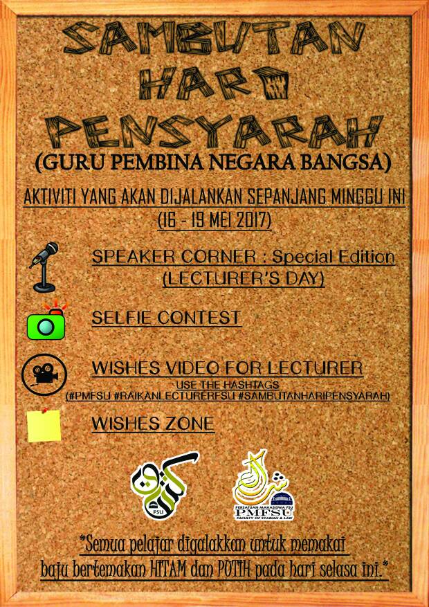 Nantikan SAMBUTAN HARI PENSYARAH pada 16 Mei 2017 ini. #PMFSU #RaikanLecturerFSU #SambutanHariPensyarah