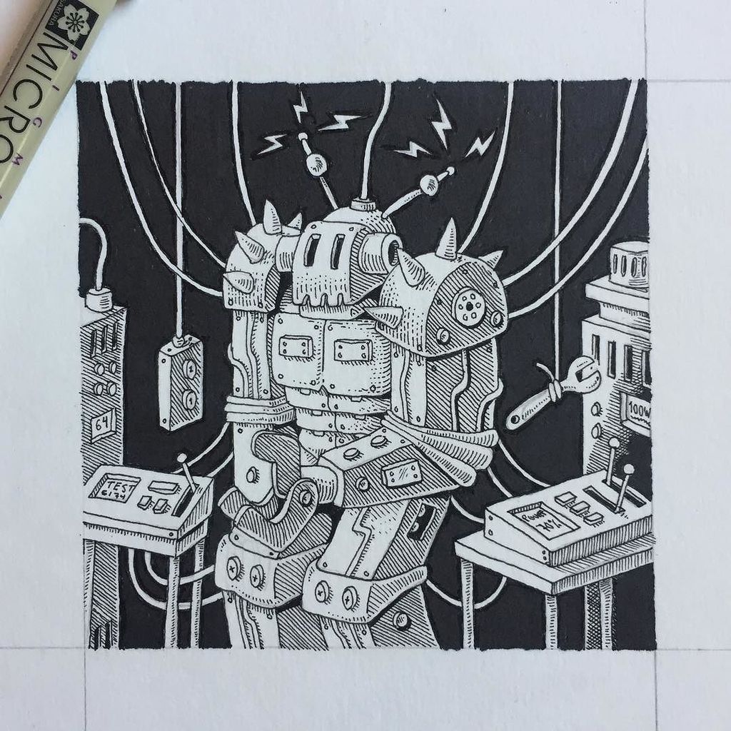 mcnikander's tweet image. It&apos;s alive! 🤖🤖🤖😜 #robotillustration #robot #drawing #art #micron #taide #suomi #finland