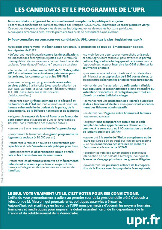 f_asselineau's tweet photo. Téléchargez notre profession de foi pour les #legislatives2017 - L'UPR le seul vote vraiment nouveau et utile.
👉https://t.co/Kfp0rvD7XF https://t.co/5C1vjMWjWF