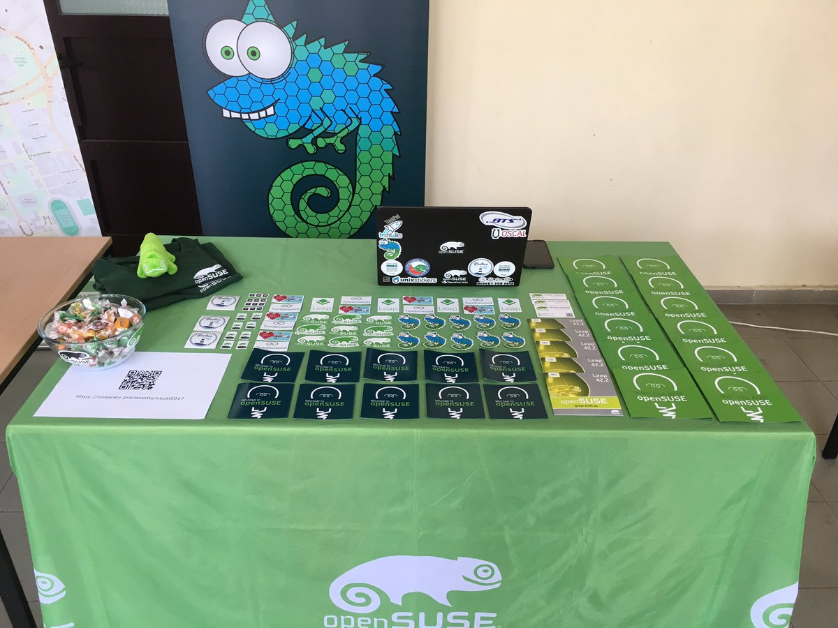 shekeriev's tweet photo. #OSCAL2017 Day 2: @openSUSE info booth waiting for curious visitors :) https://t.co/gycPVkQ1Wj