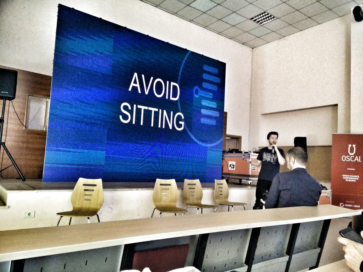 GretaDoci's tweet photo. More talks like this one please! Healthy/unhealthy life of developers! #OSCAL2017 @bitfalls @walkdev #treadmilldesk https://t.co/6RHnOC7ZWn