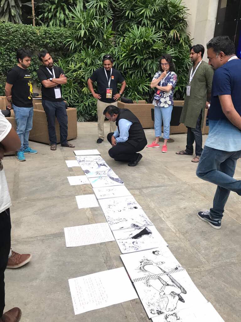 PriyankKharge's tweet image. Each artist illustrates for 10 mins of a storyline.Next artist has to continue from where the previous artist has left #GAFX2017