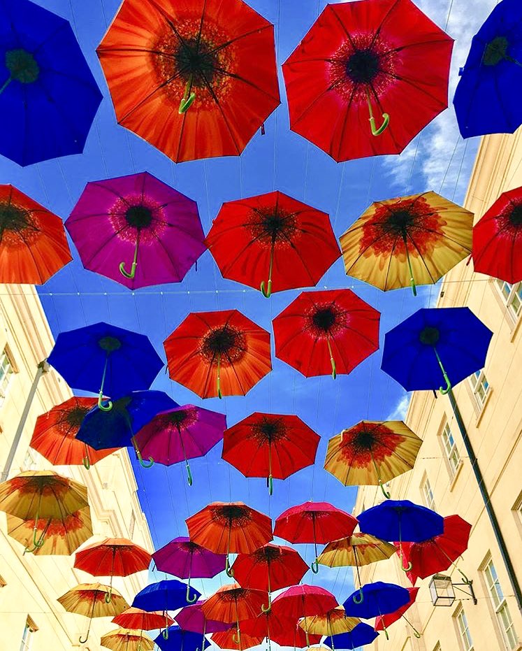 BathLifeMag's tweet image. Beautiful picture - taken by @RossitersofBath - of the colourful @SouthGate_Bath umbrella installation