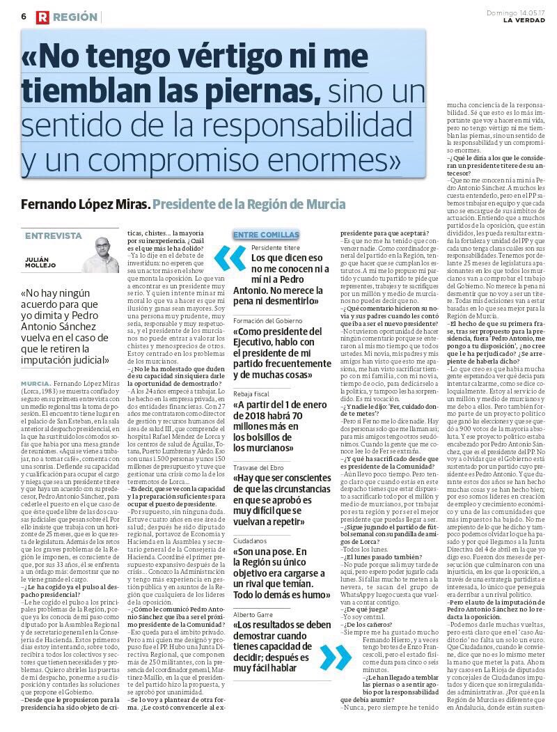 LopezMirasF's tweet photo. Os dejo la entrevista que me ha hecho @laverdad_es . Espero que os guste. RESPONSABILIDAD y COMPROMISO con un millón y medio de murcianos https://t.co/htCNXeQsoi