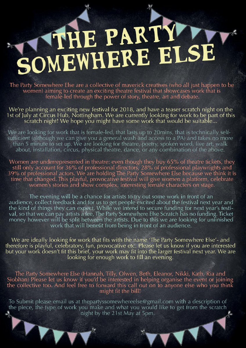 SomewhereParty's tweet photo. Callout for performances for THE PARTY SOMEWHERE ELSE Scratch night in Nottingham on July 1st. More info: https://t.co/mbnj0EVL2P Pls RT🎭🎈🎊🎉 https://t.co/gfL1pUYfQr