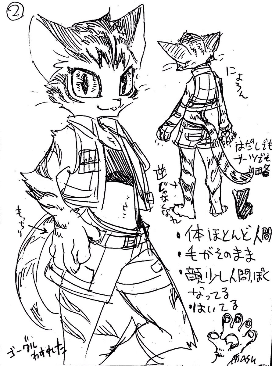 動物の擬人化自分で描くのは①か②までかなぁっていう、猫が人間になってく的ならくがき 基本的にその生き物が好きだからそのままの体型がいい 見るのはどれでも好き 
