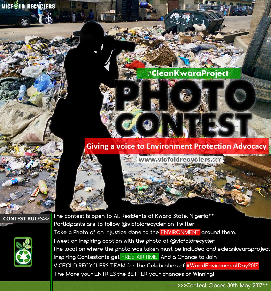 vicfoldrecycler's tweet photo. Announcing the launch of #CleanKwaraProject Photo Contest on twitter aimed at giving a voice to Environment Advocacy in Kwara #MadeinNigeria https://t.co/Wfwychh7Bu