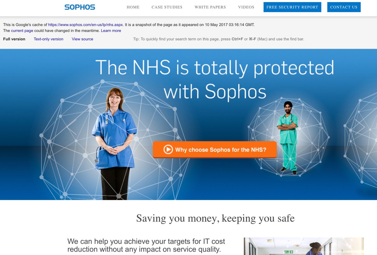 eliasonsecurity's tweet photo. This is the (now removed) Sophos page, boasting how they protect the NHS. Antivirus is a dangerous hoax. https://t.co/jBqHtRTQsR