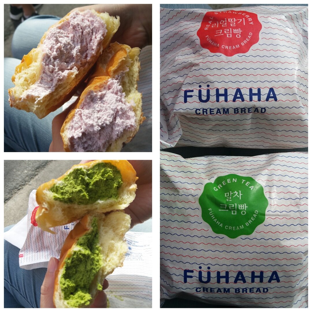 Christine_0523's tweet image. [ Day 7 / 6May2017 ] 呢個忌廉麵包好好味呀！香港既雜誌電視都有介紹過，cream夠多但唔膩，口感都幾豐富的；今次試咗士多啤梨味同綠茶味，都真係食得出佢地既味道架，我尤其喜歡綠茶味啦！呵呵~
#FUHAHA #CreamBread #리얼딸기크림빵 #말차크림빵