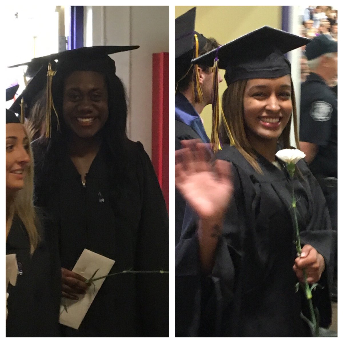 SMC_wbb's tweet photo. They're doing it!!! So proud of our grads, #TomIndi 🎓💜💛🎉@tomi_akin @Indiii3 https://t.co/TymOWpMW68