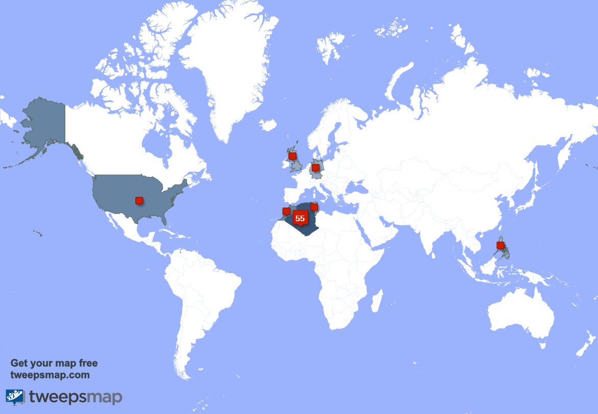 Asmadm2's tweet photo. My followers live in Algeria (52%), USA(13%)... Get your free map: https://t.co/SEaqmaDyrG https://t.co/4pWTUwVr3K