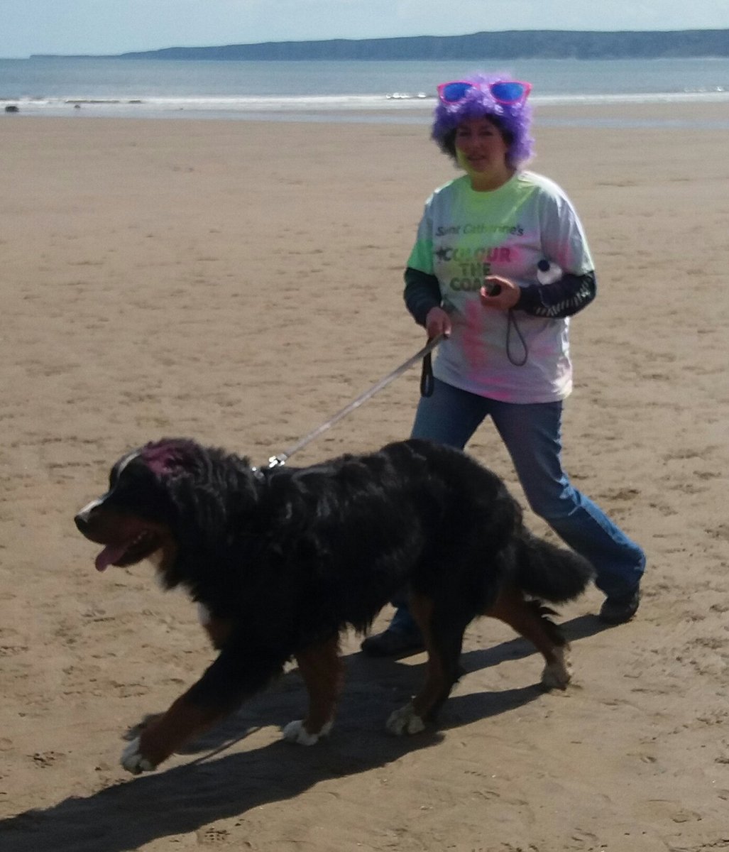 Smartipeople's tweet image. Furry friend and large dog #ColourTheCoast  both having a great time in Filey raising cash for @saintcathsuk