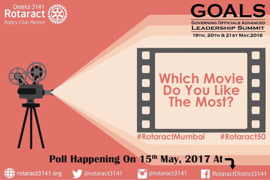 Rotaract3141's tweet photo. Movie Poll happening on 15 May on District Facebook Page to choose movie you would like to see at the movie night
#GOALS17 #Rotaract50 https://t.co/BEvj5Qm3ms