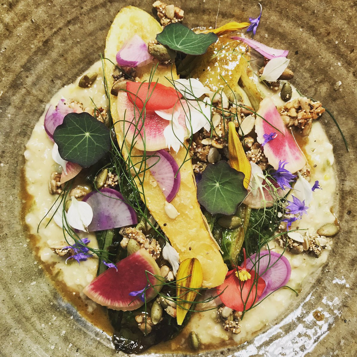 [SEARED LITTLE GEM] green garlic, cocoa nibs, oats #springmenu #vegetarian #changeisgood #downtowndurham #zagatchefstowatch