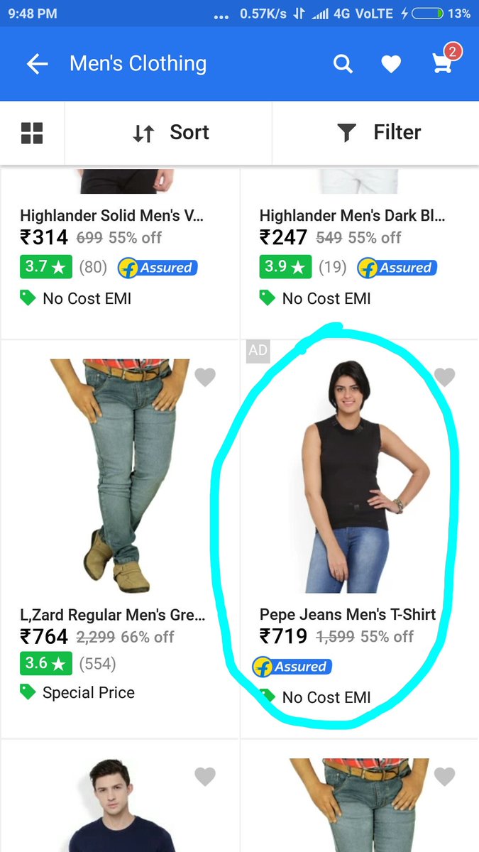 Ayanthedon's tweet photo. what is this men's t-shirt being advertised by women. This kind of error isn't expected from Flipkart @Flipkart @_sachinbansal https://t.co/12WAlZK2s8