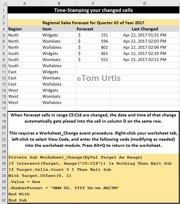TomUrtis's tweet image. Time-Stamping Your Changed Cells #tomstips4excel  #Excel #dataanalyics #spreadsheet #Office365 #dataviz #datascience #businessintelligence