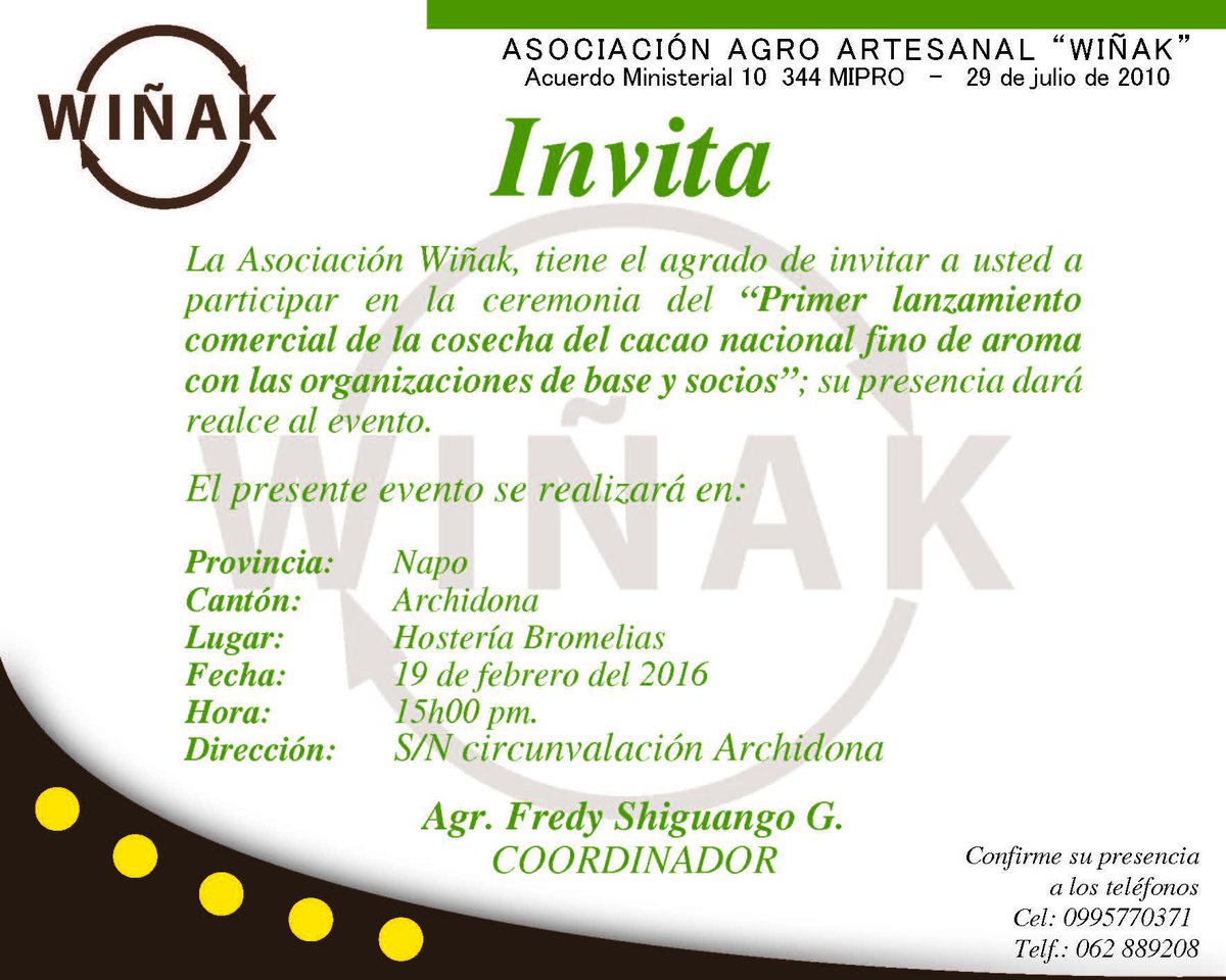 winak_ec's tweet photo. La Asociación Wiñak, tiene el agrado de invitar a usted a participar del "Primer lanzamiento comercial del cacao. https://t.co/s4gMWprJ72