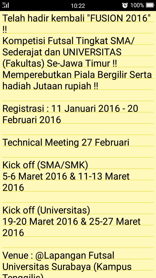 DPM_FT_Ubaya's tweet photo. Turnamen Futsal Se-JawaTimur "FUSION 2016" Segera daftarkan dirimu !! @Fusion_Ubaya #futsal #fusion #ubaya https://t.co/qp0stCK08C