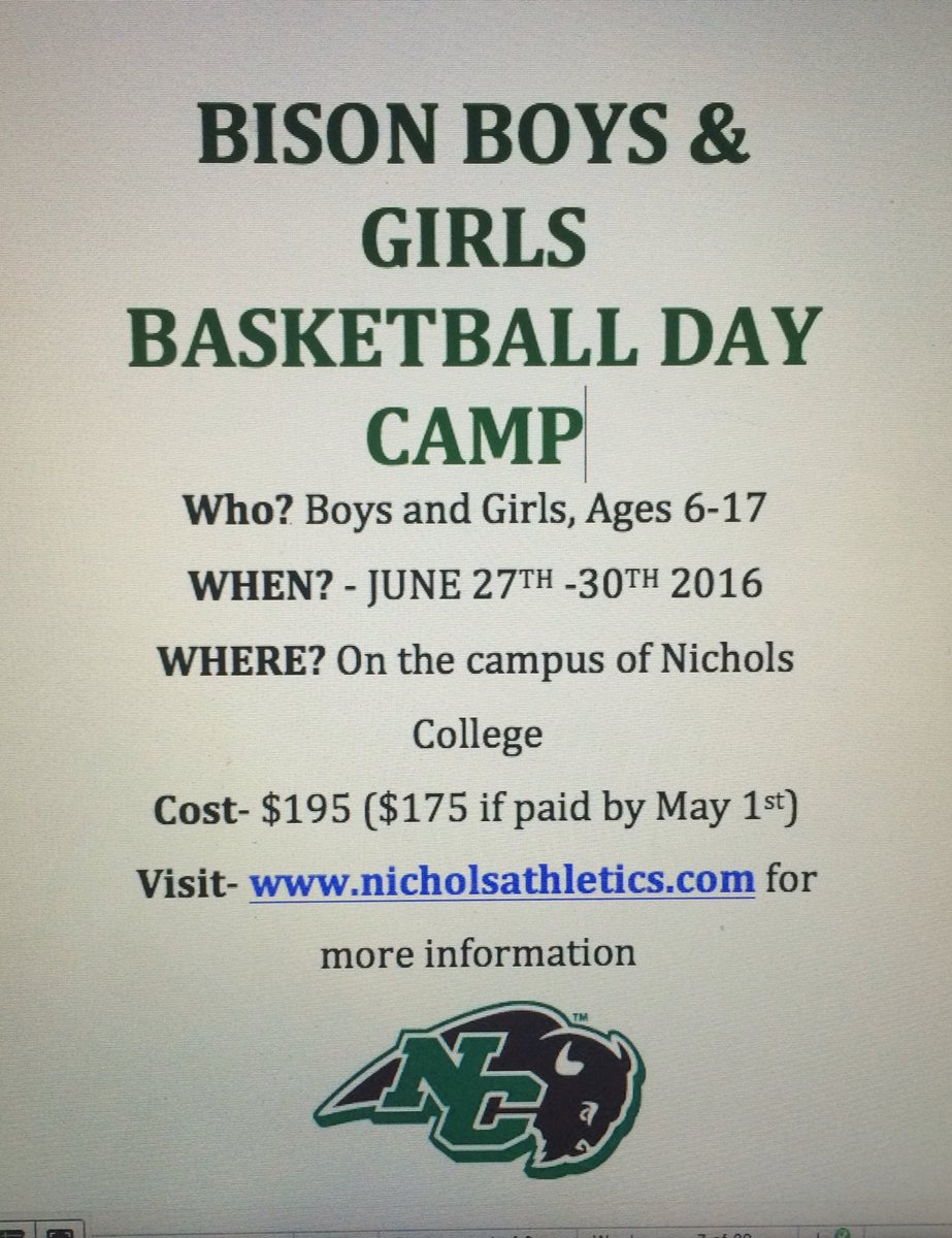 Bison boys and girls! Joins us June 27th-30th for our basketball camp! Go to nicholsathletics.com for more info!
