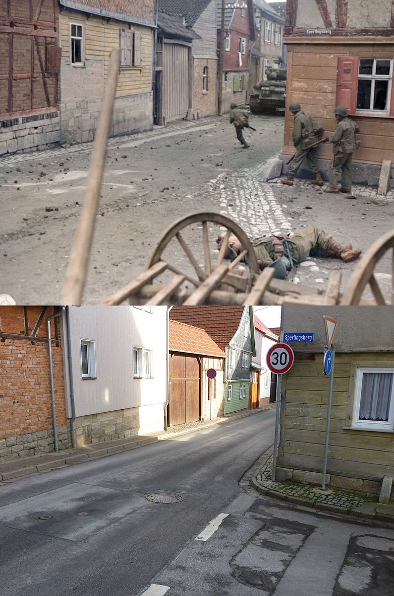 HistoryInPics's tweet photo. The same street, 69 years apart. 6th Armored Division troops from Patton’s Third Army move through Oberdorla, 1945. https://t.co/tR06eAhvYn