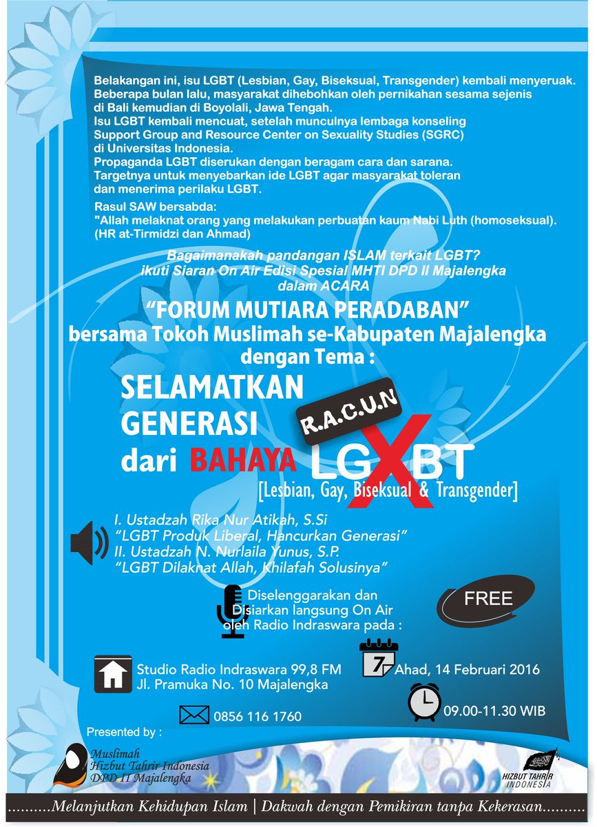 Simak FORMUDA MHTI Majalengka "SELAMATKAN GENERASI DARI BAHAYA RACUN LGBT" Ahad (14/2) On Air at <a href="/indraswarafm/">Baraya Sarerea!!</a>