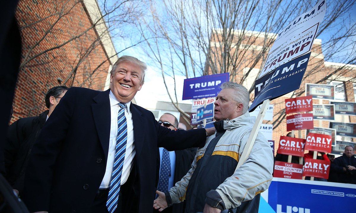 guardian's tweet image. Donald Trump sweeps to victory in New Hampshire primary trib.al/l0AJ5s2