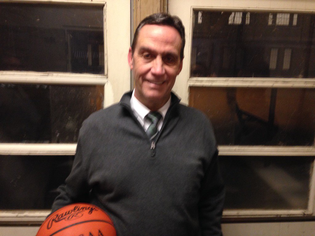 MikeDyer's tweet photo. Mason coach Greg Richards with the game ball after his 300th career win @BasketballMason @WCPO https://t.co/yLXzm8j3eZ
