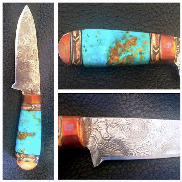 MsSarahFeldman's tweet photo. @Tucson_Gem_Show I got this incredible turquoise and copper specialty knife from Loren Feldman. He's still there! https://t.co/o9keRYuUOc