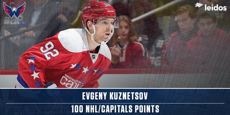 Capitals's tweet photo. 100 NHL points, and many more to come. Congrats Kuzy! #CapsPreds #RockTheRed https://t.co/JRqwdRDX9k