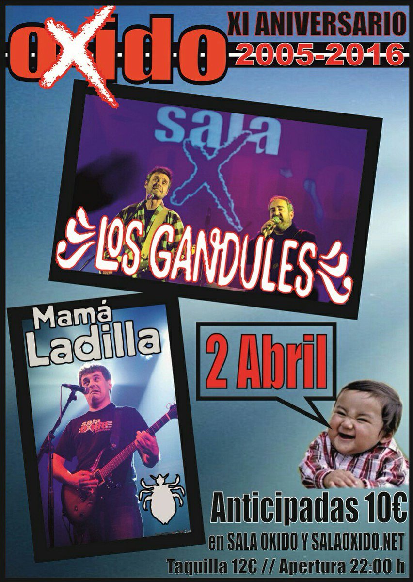 SalaOxido's tweet photo. 2 de Abril. XI aniversario @SalaOxido con los fenómenos @Mama_Ladilla y @LosGandules 
Haz RT y gana un pase doble!! https://t.co/CossLJXGat