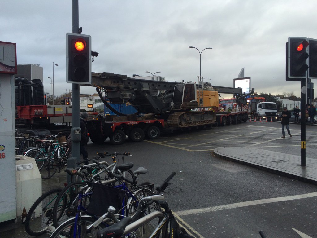 They may need another crane to remove this lorry with a crane on it at Shepherd’s Bush