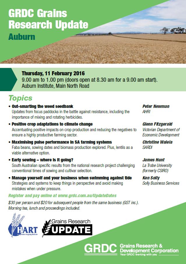 Tomorrow: #Auburn #GRDCUpdates featuring <a href="/peterdnewman/">Peter Newman</a> &amp; <a href="/agronomeiste/">James Hunt</a>! Come along for a 9am start <a href="/HartFieldDay/">HartField-SiteGroup</a>