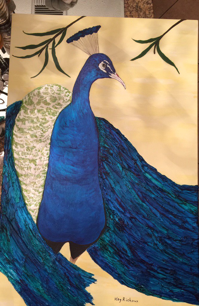 RichouxKay's tweet photo. 24" by 36" acrylic, ink, metallic, gesso, marble paste on canvas! "Rip's Peacock in Bamboo Garden." #lotsoftexture https://t.co/skImEC4UcS