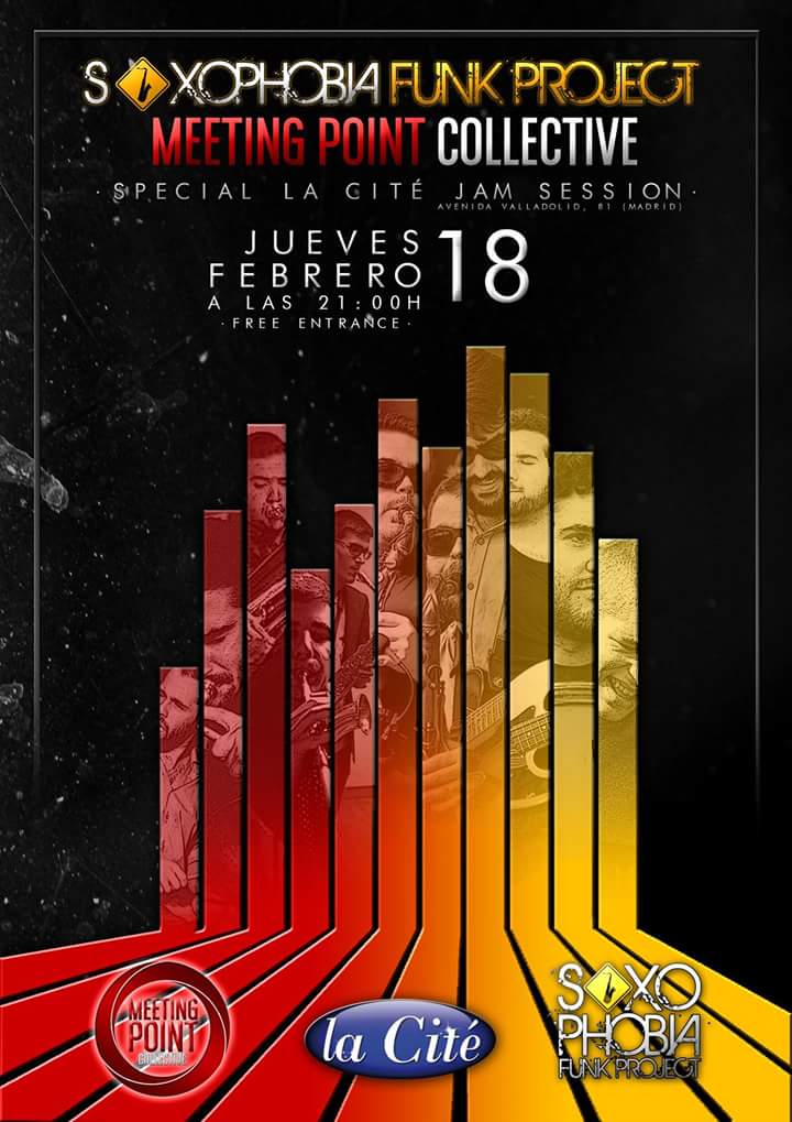 Saxophobia_FP's tweet photo. !!Jueves 18 Febrero a las 21h en La Cite Madrid: Meeting Point Collective + Saxophobia Funk Project + Special Jam!! https://t.co/6HH2LhKP1u