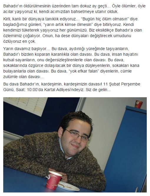 Bu dava kardeşimizin davası, 11 Şubat Perşembe günü, Saat: 10.00’da Kartal Adliyesi’ndeyiz. Siz de gelin…