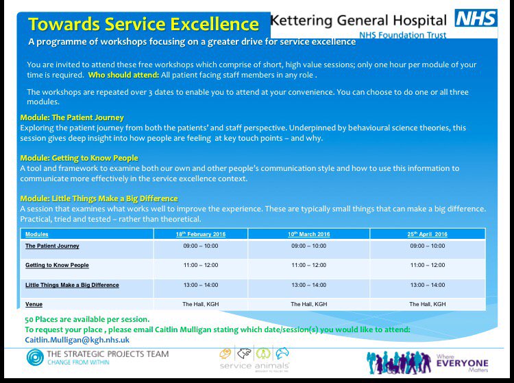 Towards Service Excellence workshops, 50 places available, 3 dates. (Please see poster attached for more info) #kgh