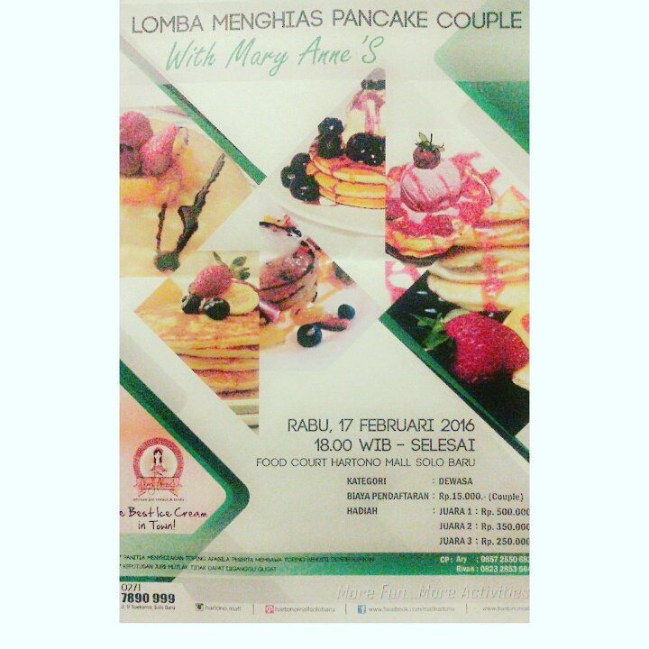 Ikuti Lomba Menghias Pancake Couple <a href="/HartonoMallSolo/">Hartono Mall Solo</a> tgl 17 feb 2016 jam 18.00-selesai.Registrasi Rp 15.000
