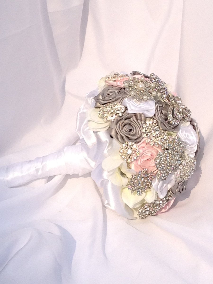 8 inch Wedding Brooch Bouquet with Pink, Grey and White Satin Rib… etsy.me/1IygFSl #Etsy #BridesmaidBouquets