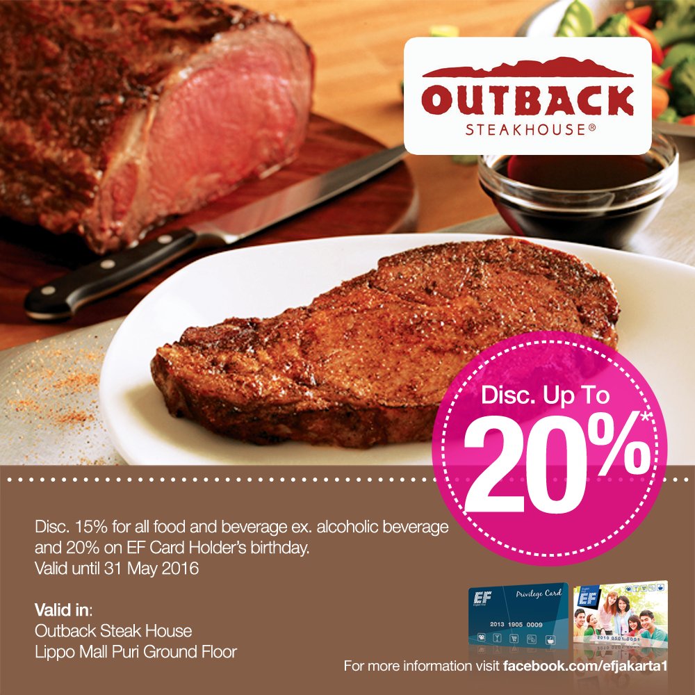 EFJakarta1's tweet photo. [EF MERCHANT] 
Kunjungi @OutbackID dan dapatkan langsung diskon 20% hanya dengan #EFCard :) https://t.co/KKXr1JEdr5