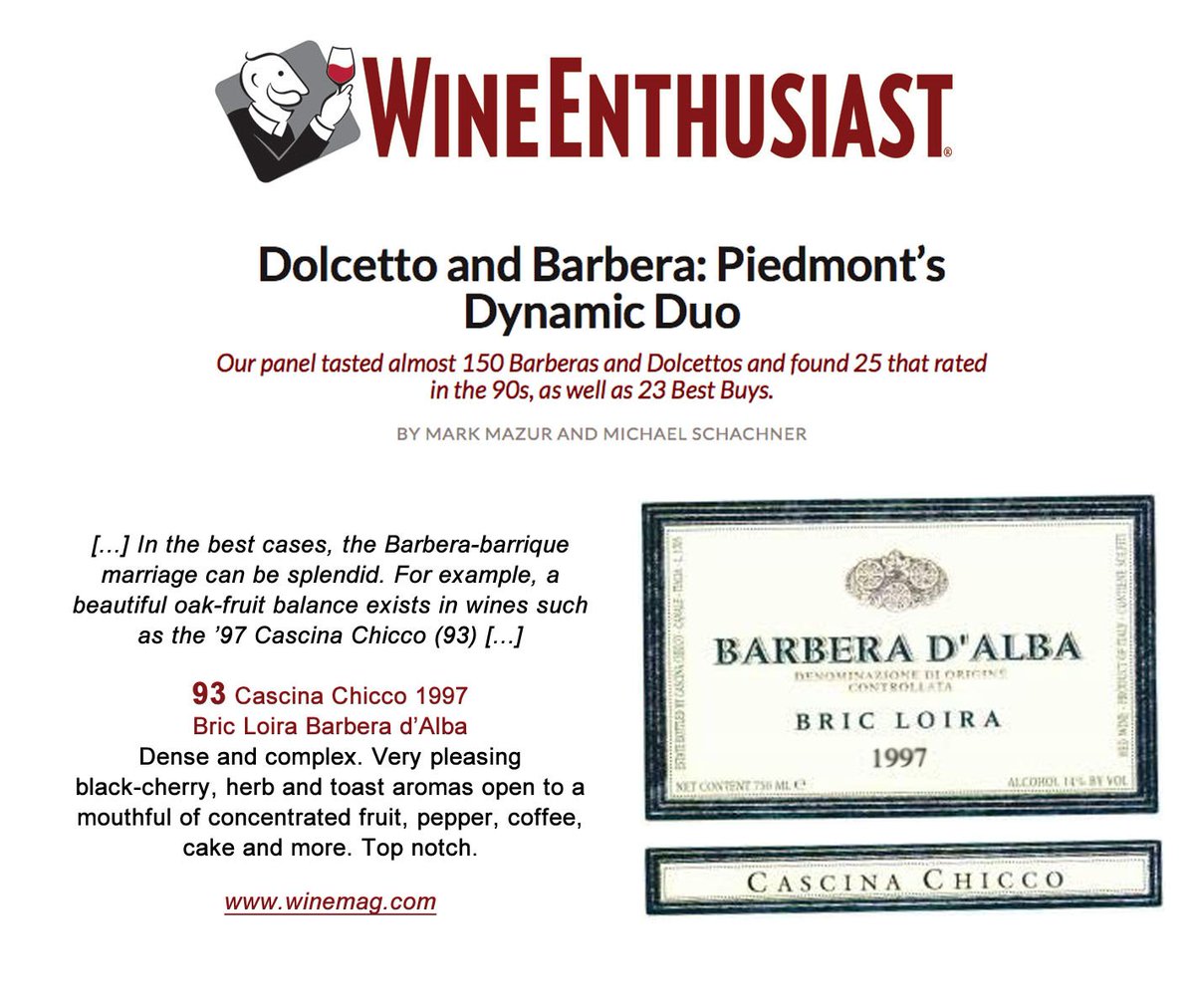 Look what we found: a #Barbera #BricLoira '97 great rating from @WineEnthusiast. Happy #winewednesday wine lovers!
