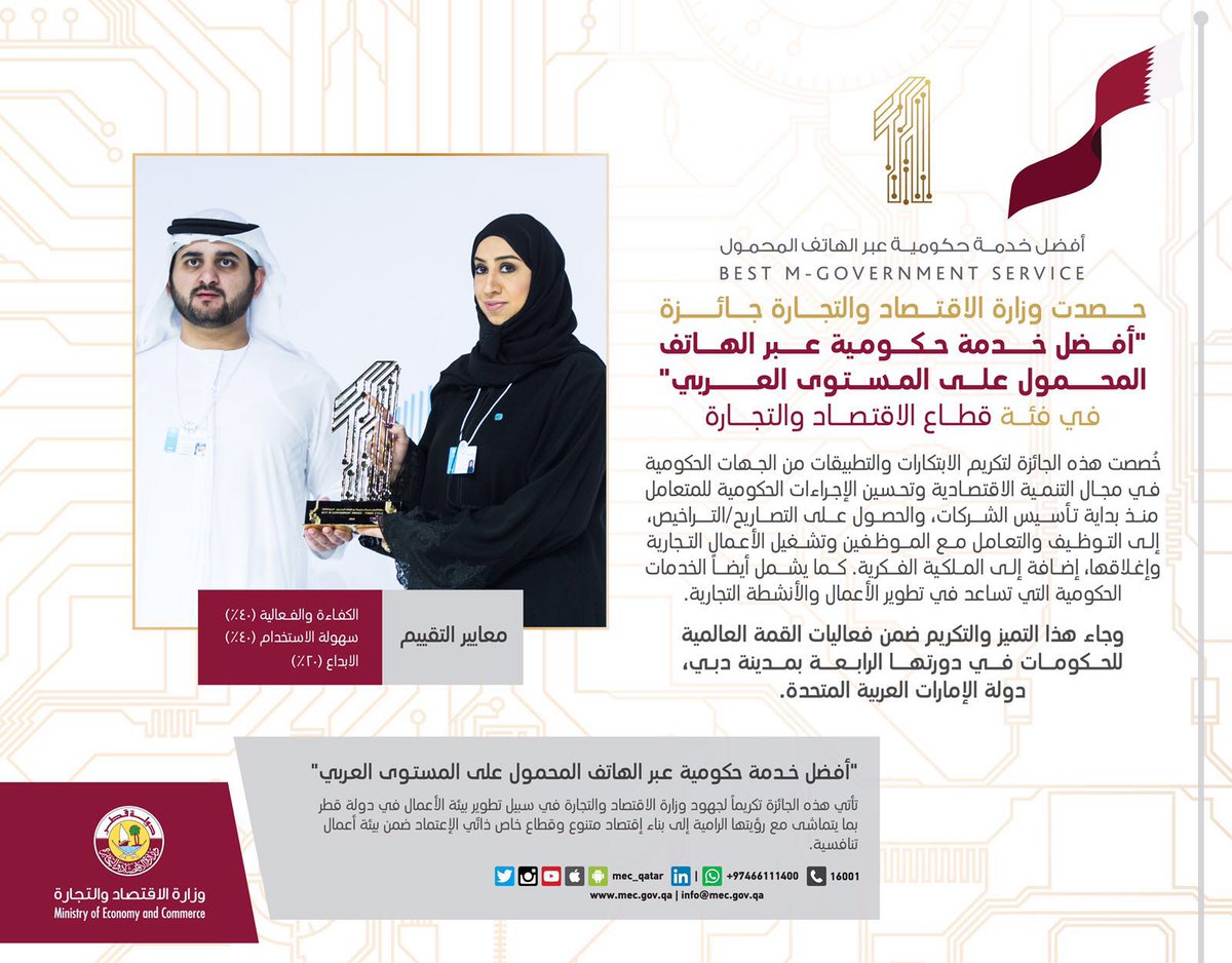 MOCIQatar's tweet photo. إنجاز وطني مميز

الوزارة تحصد جائزة أفضل خدمة حكومية عبر الهاتف المحمول على المستوى العربي. #القمة_العالمية_للحكومات https://t.co/irF5gACdsE